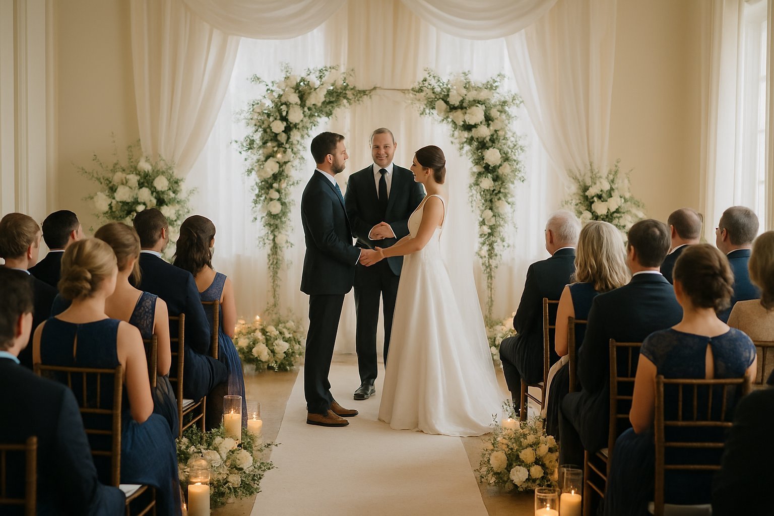 Casal trocando votos durante cerimônia de casamento com convidados sentados e decoração floral ao redor.