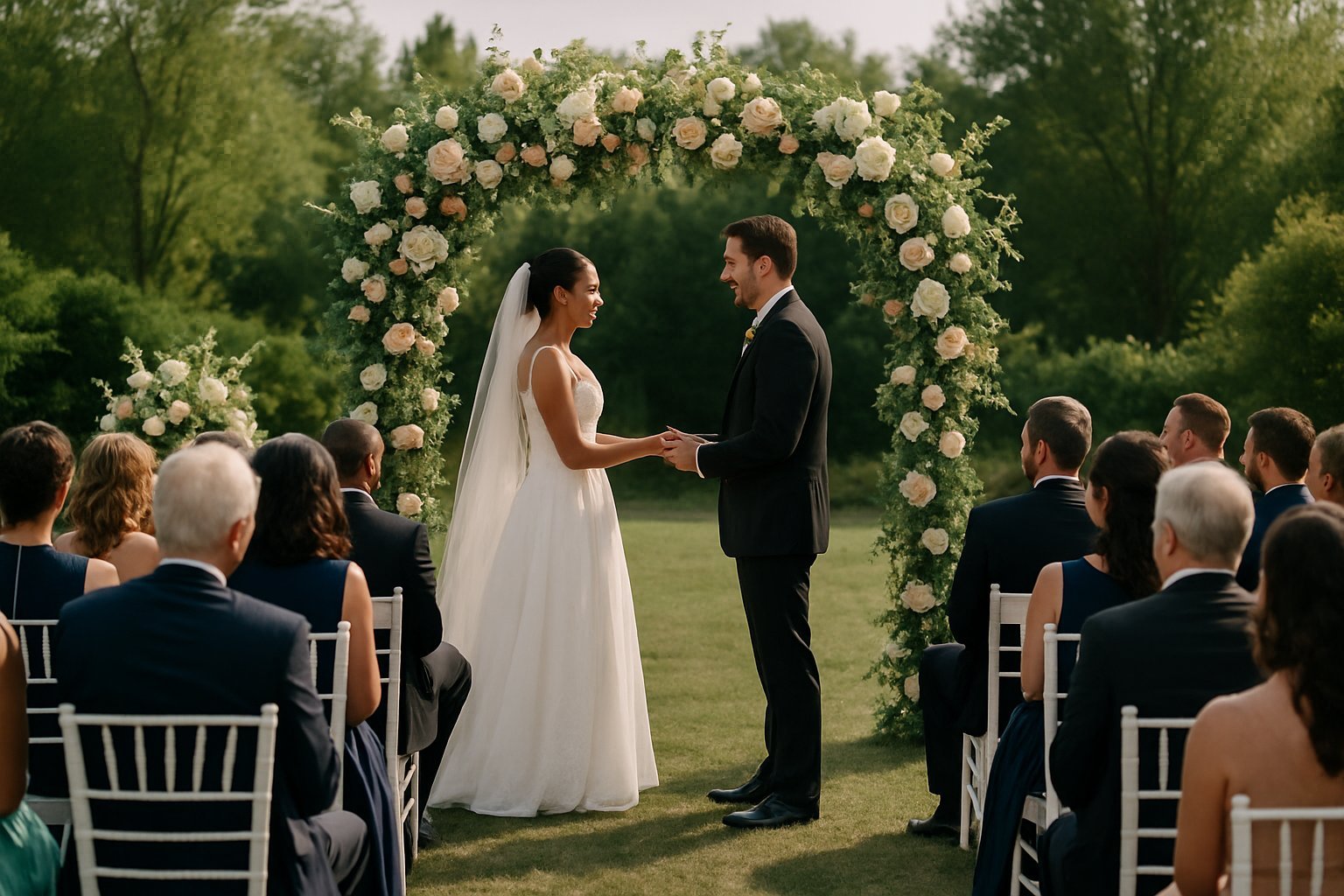 Casal trocando votos em cerimônia de casamento ao ar livre com convidados sentados e decoração floral.