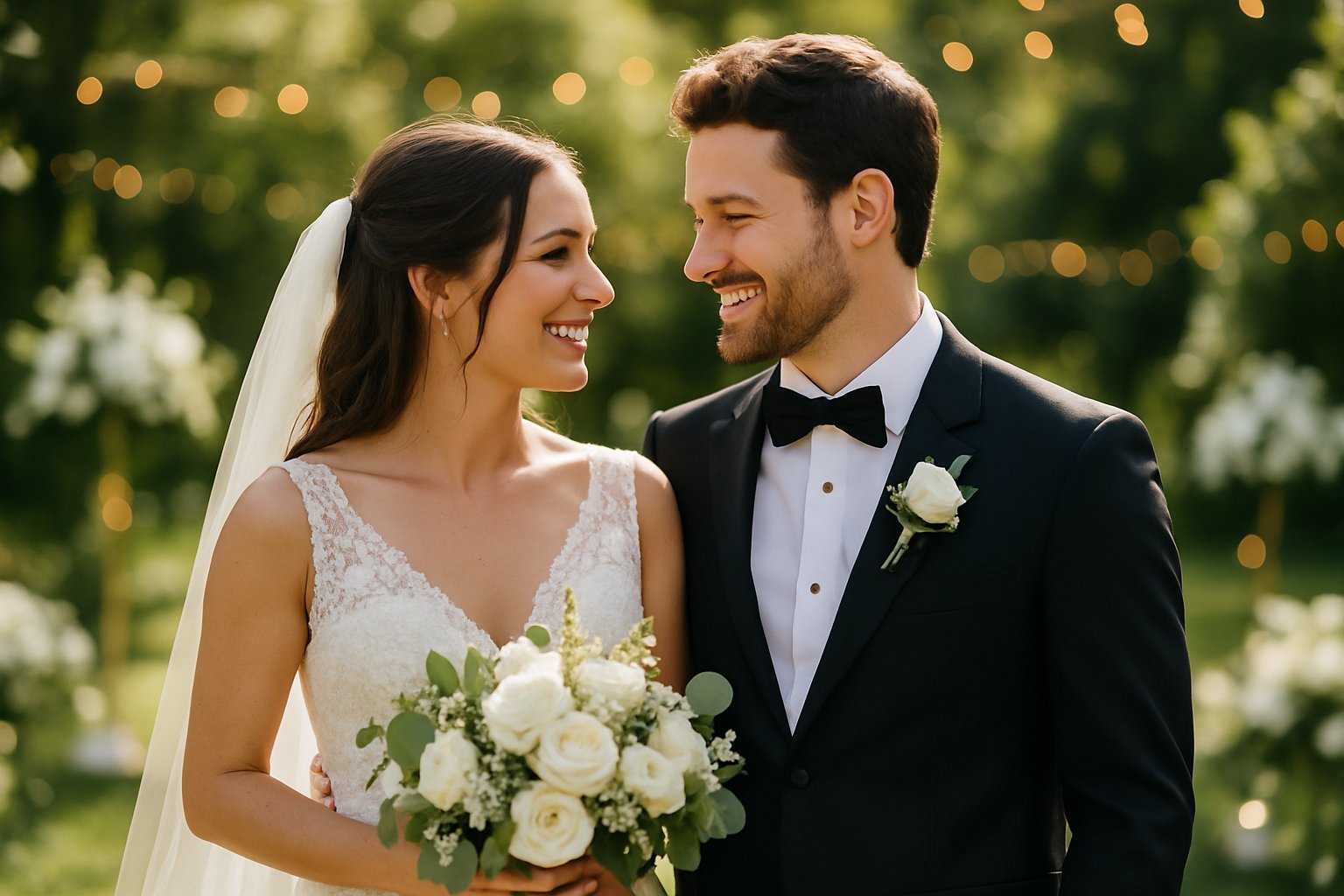 Noivos sorrindo juntos em um jardim iluminado, vestidos com trajes de casamento, rodeados por decoração floral.