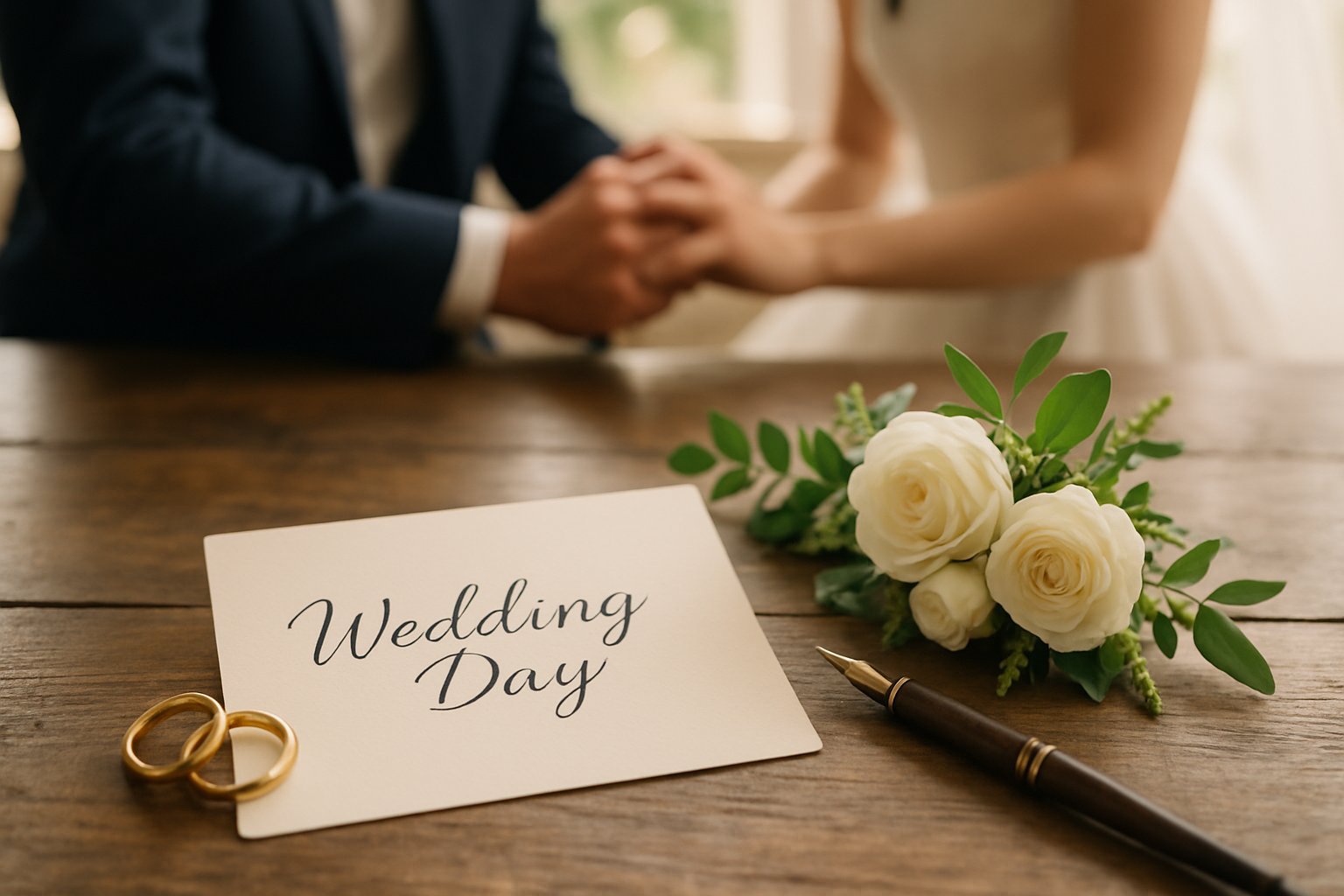 Cartão de mensagem de casamento ao lado de alianças e flores, com noivos de mãos dadas ao fundo.